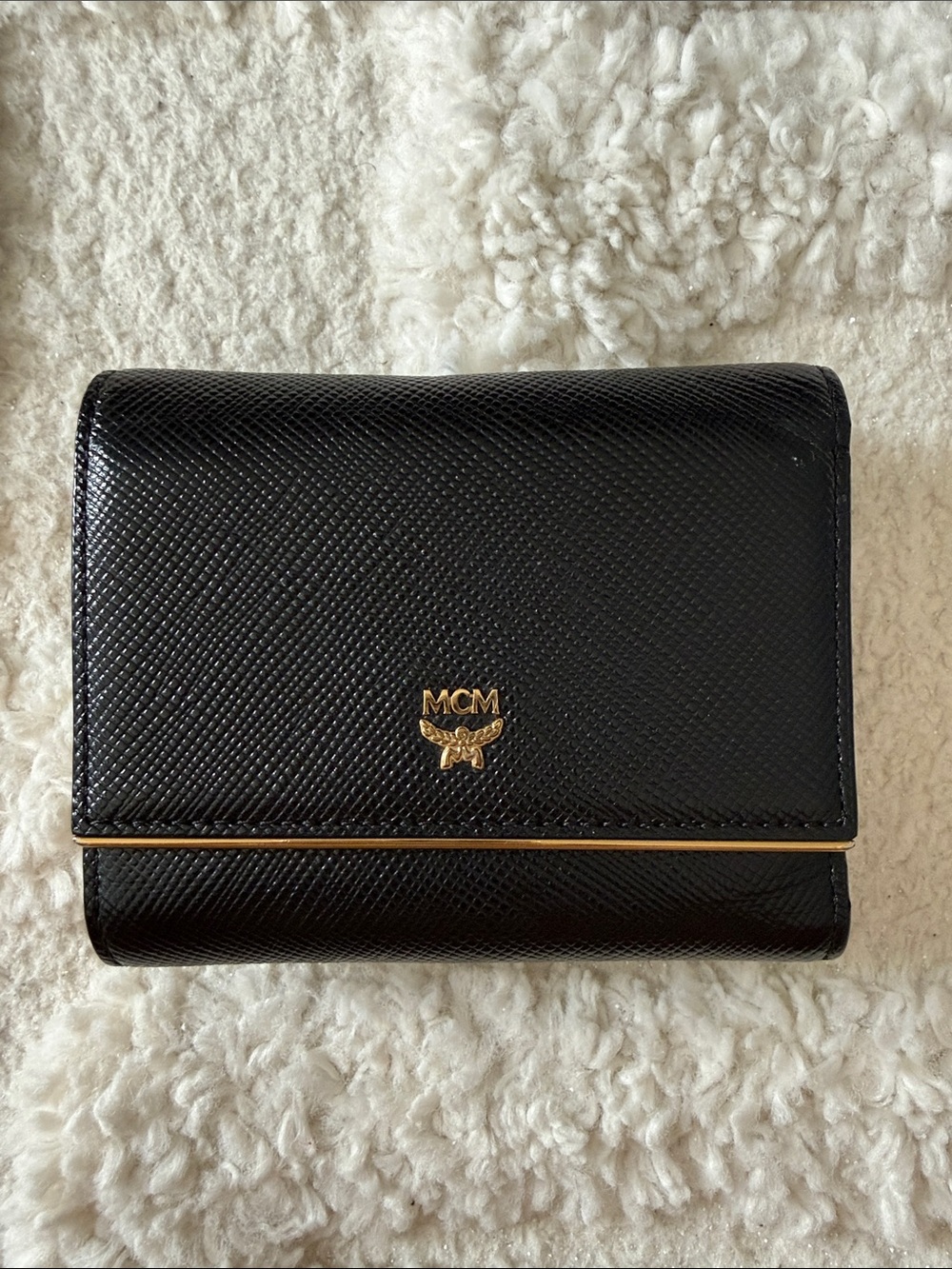 Authentic MCM Black Leather 3-Fold Wallet with Gold Logo Trim